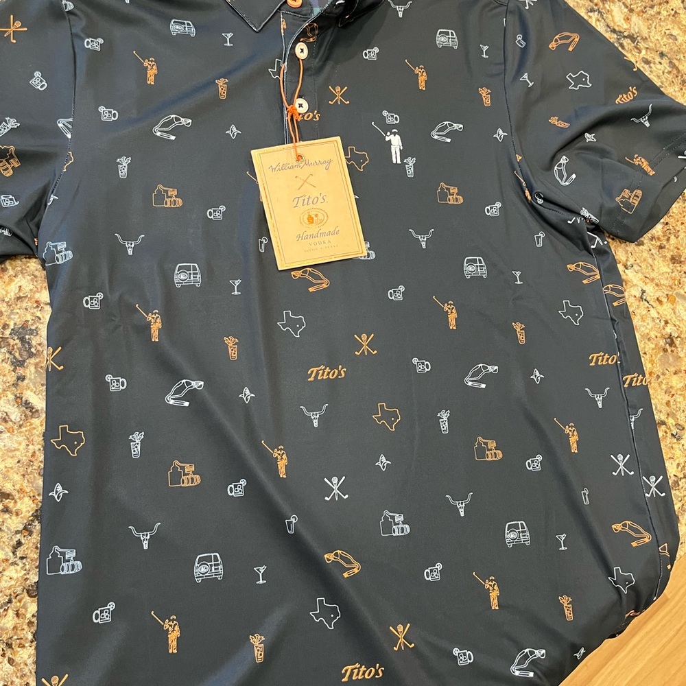 NWT William Murray Tito’s Vodka Black and Orange Polo Shirt with Unique Design